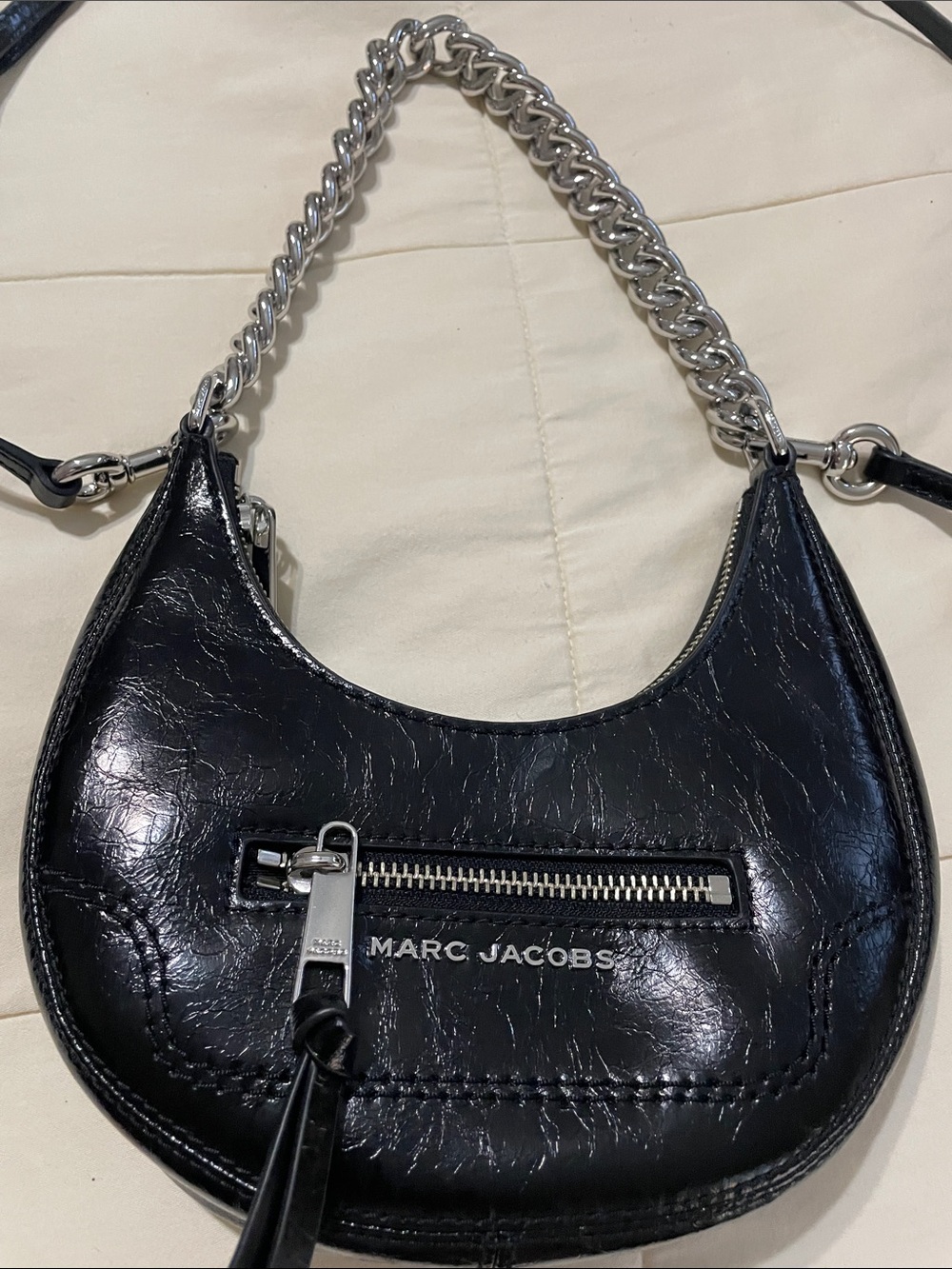 Marc Jacobs Black Patent Crescent Shoulder Bag with Silver Chain Strap